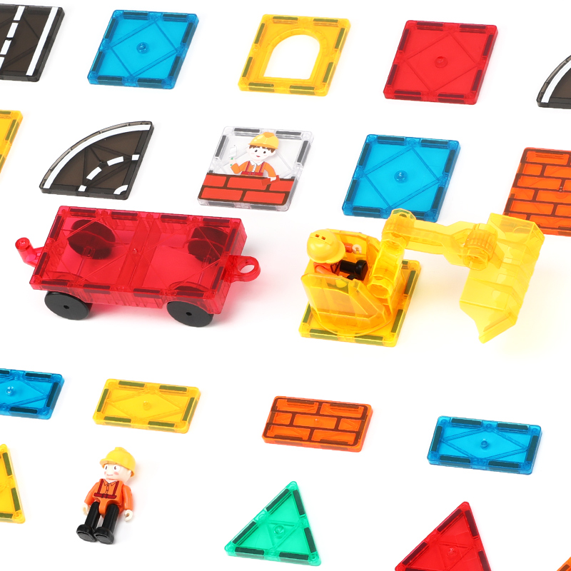 مجموعة Builder Magnetic 42pcs - لعبة ساق ذات طابع بناء مع البلاط المغناطيسي والمركبات وأرقام العمال للأطفال