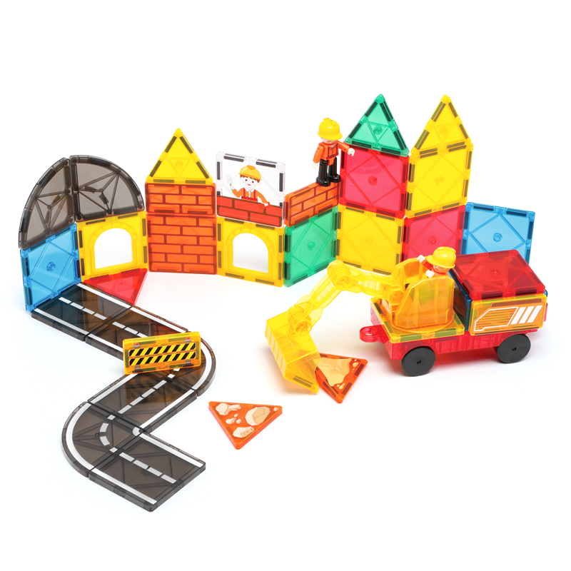 مجموعة Builder Magnetic 42pcs - لعبة ساق ذات طابع بناء مع البلاط المغناطيسي والمركبات وأرقام العمال للأطفال
