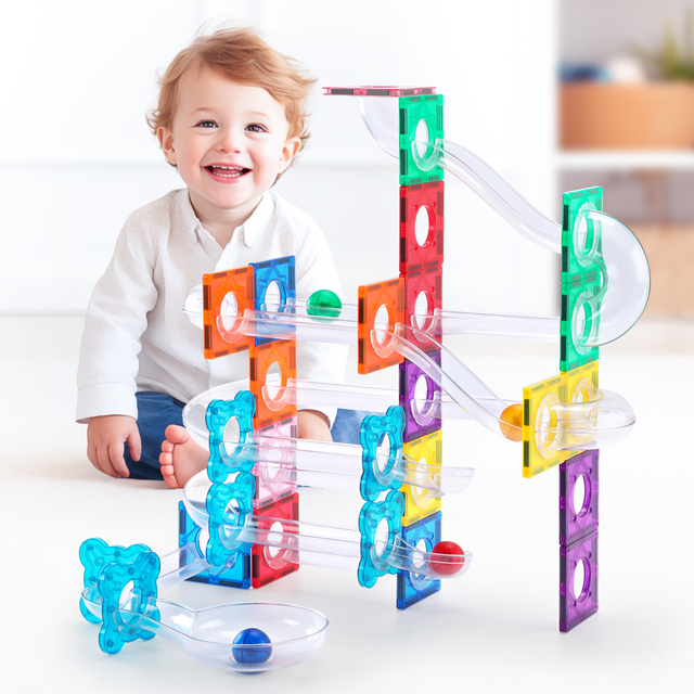 مجموعة الرخام المغناطيسي 60pcs مجموعة - 3D Track Building Builds مع أنابيب واضحة للتعلم العلمي